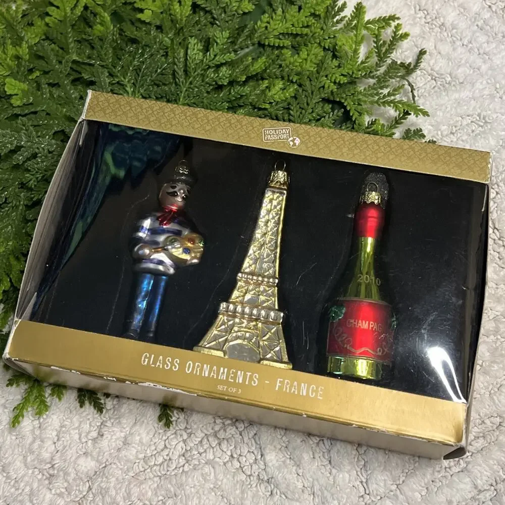 World Market Glass Christmas Ornaments Paris France Eiffel Tower Champagne Art